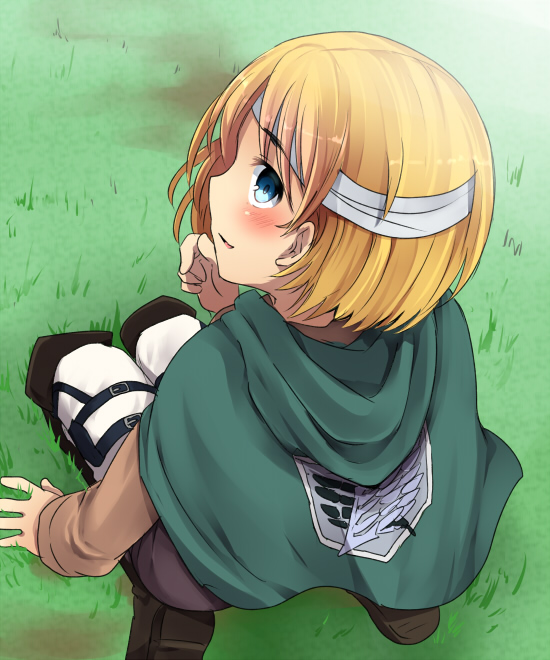 1boy armin_arlert bandages blonde_hair blue_eyes blush cape from_behind grass hood long_sleeves looking_back marimo_danshaku military military_uniform seiza shingeki_no_kyojin short_hair sitting smile solo thigh_strap uniform