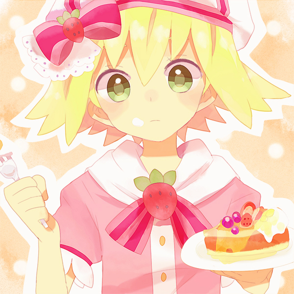 1girl amitie blonde_hair blueberry bow expressionless flipped_hair food food_on_face food_themed_clothes fork fruit green_eyes hat pie plate puyopuyo puyopuyo_fever sepia_background shirt short_hair solo strawberry yo_(toriyyyyy)