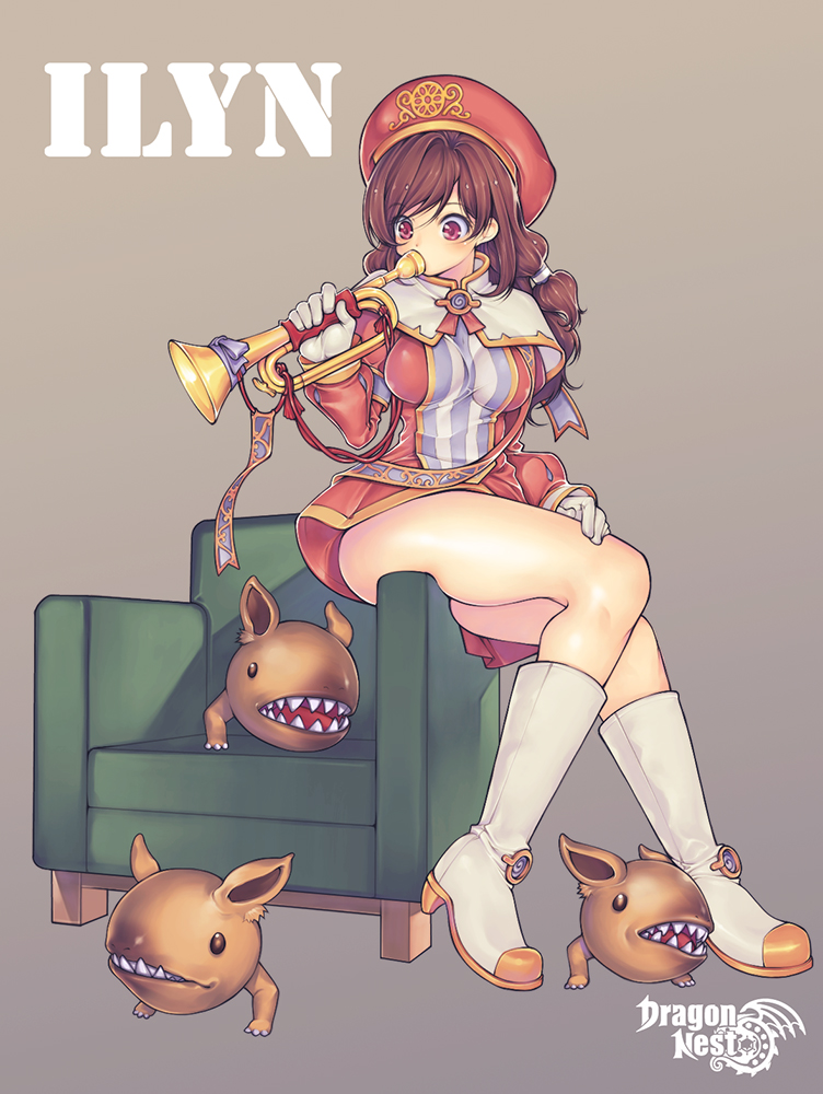 1girl belt boots brown_hair chair character_name copyright_name creature dragon_nest eileen_(dragon_nest) gloves grey_background hat instrument knee_boots kubu_kurin long_hair red_eyes sharp_teeth shawl sitting skindentation skirt solo trumpet