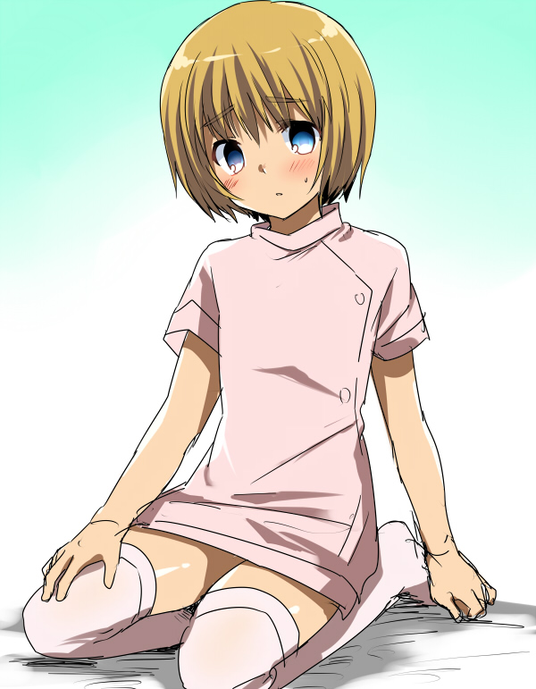 1boy armin_arlert blonde_hair blue_eyes blush cosplay crossdressinging marimo_danshaku nurse rough seiza shingeki_no_kyojin short_hair sitting solo sweatdrop thighhighs trap