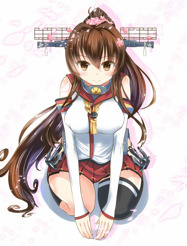 1girl anchor brown_eyes brown_hair cherry_blossoms flower hair_flower hair_ornament japanese_clothes kantai_collection long_hair looking_at_viewer personification ponytail smile solo tenken_(gotannda) thighhighs yamato_(kantai_collection)