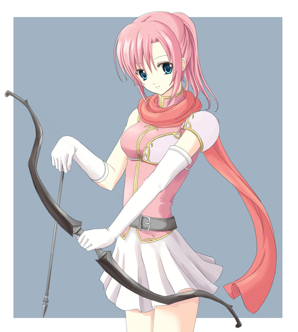 1girl arrow artist_request belt blue_eyes bow_(weapon) breastplate elbow_gloves fire_emblem fire_emblem:_mystery_of_the_emblem gloves holding looking_at_viewer nintendo norn_(fire_emblem) pink_hair ponytail scarf short_hair single_glove single_spaulder smile solo spaulders weapon white_gloves