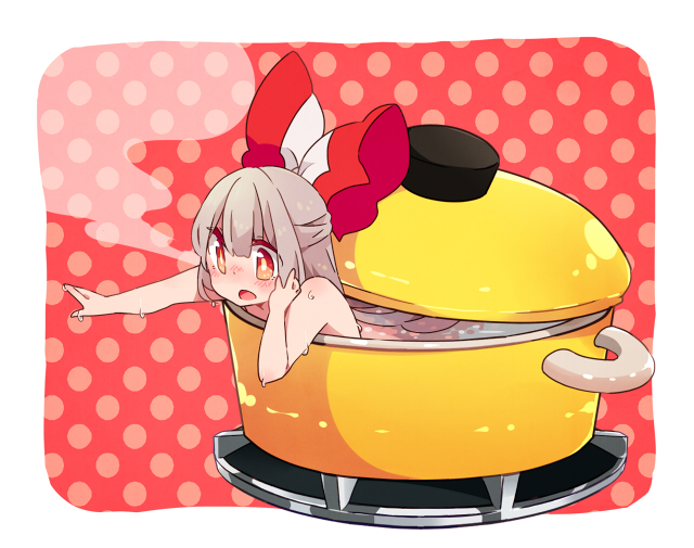 1girl bow cooking cooking_pot fujiwara_no_mokou hair_bow in_container long_hair nude red_eyes ribbon silver_hair solo steam touhou wan_mame wet
