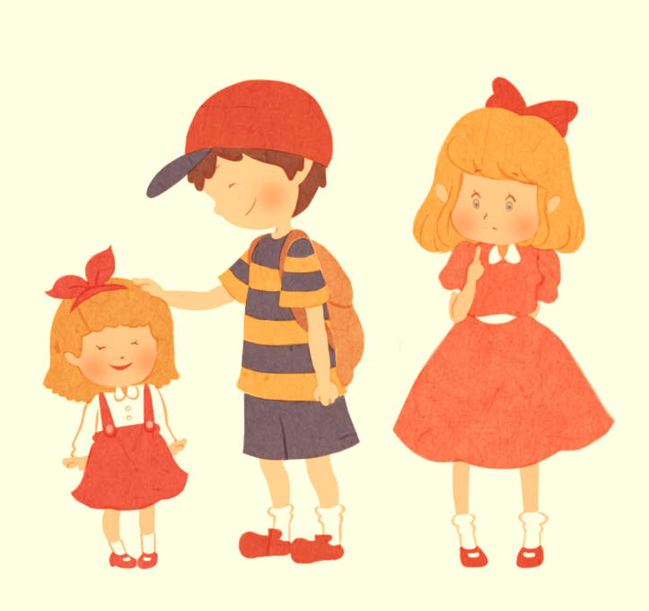 backpack bag black_hair blonde_hair brother_and_sister dress hat mother_(game) mother_2 ness nintendo overalls paula_polestar ribbon siblings smile tracy