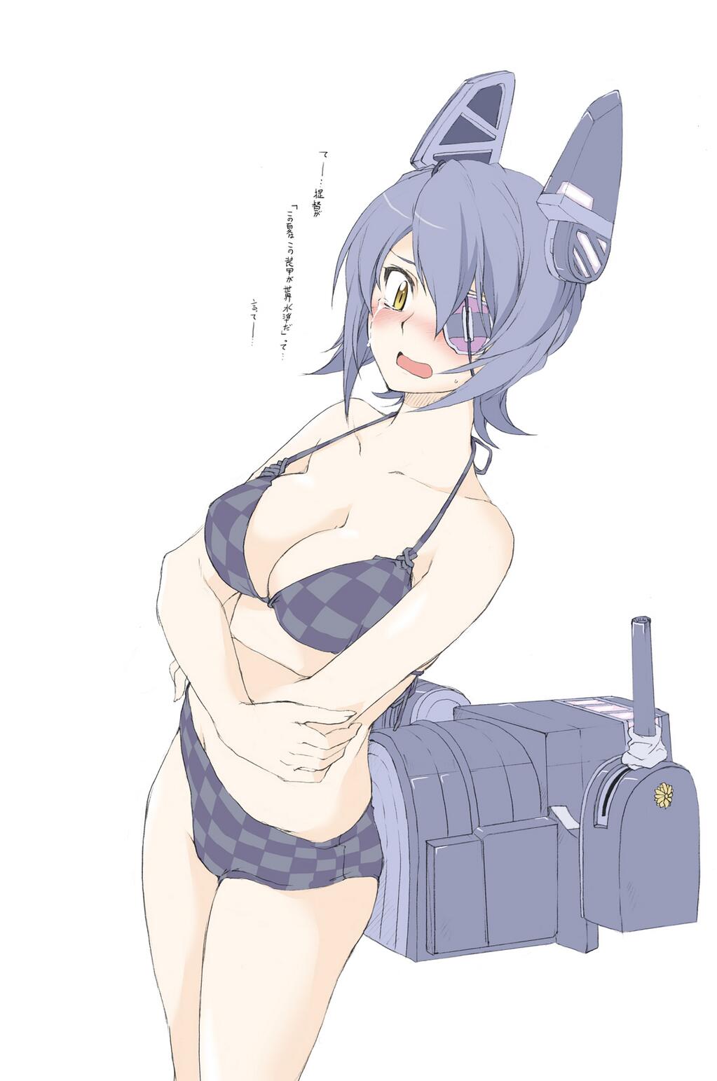 1girl bikini black_hair blush breasts checkered checkered_swimsuit cleavage elf_(stroll_in_the_woods) embarrassed eyepatch headgear highres kantai_collection large_breasts mecha_musume open_mouth personification short_hair simple_background solo strap_gap sweatdrop swimsuit tears tenryuu_(kantai_collection) translation_request white_background yellow_eyes