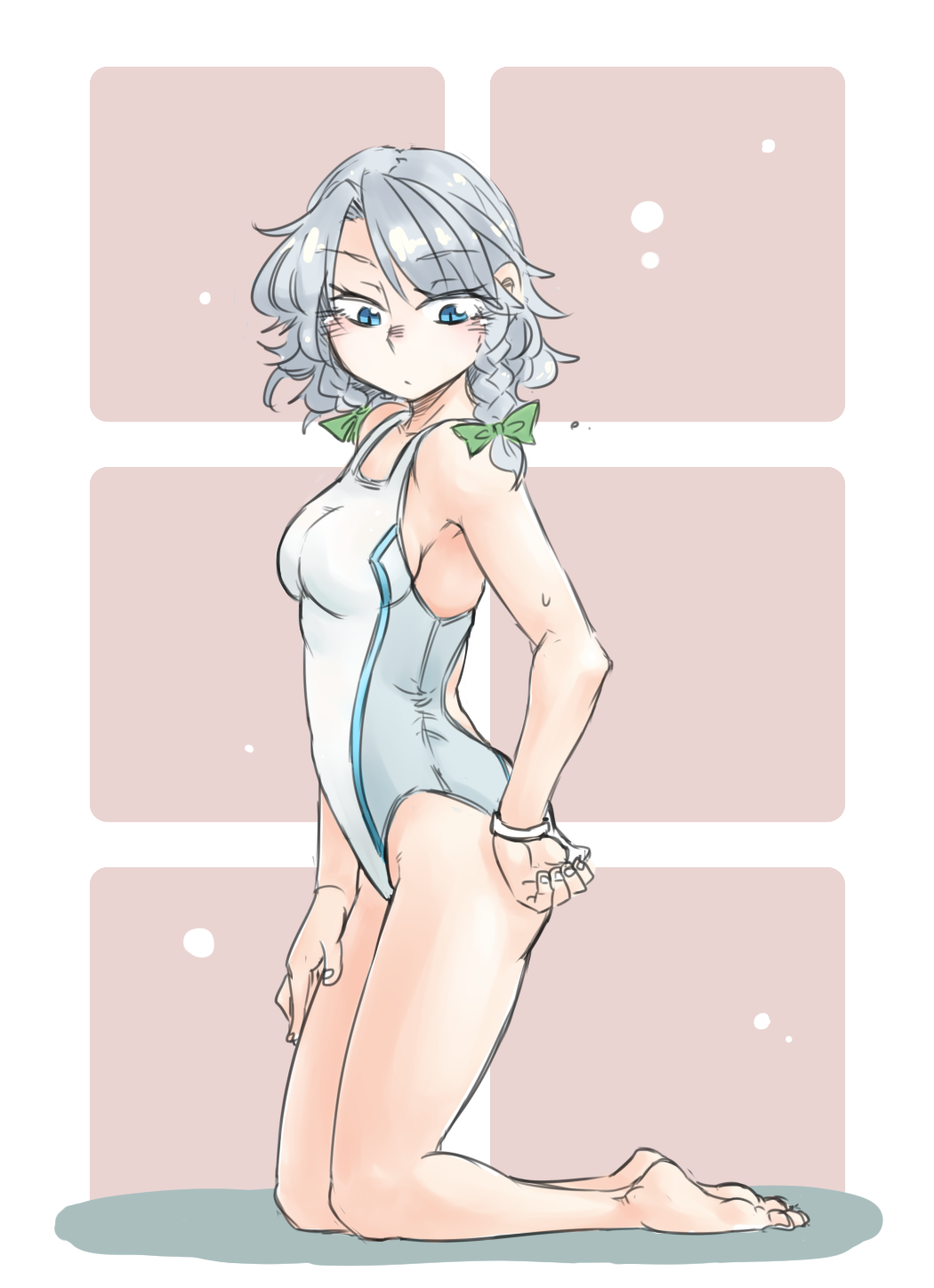 1girl adjusting_clothes adjusting_swimsuit bare_shoulders blue_eyes bracelet braid breasts competition_swimsuit highres izayoi_sakuya jewelry kneeling one-piece_swimsuit ponke ribbon short_hair silver_hair solo swimsuit touhou twin_braids white_swimsuit