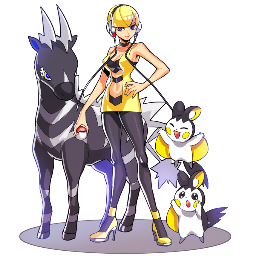 1girl bare_shoulders blonde_hair blue_eyes breasts choker cleavage emolga headphones high_heels joey_joey_joey kamitsure_(pokemon) navel navel_cutout pantyhose poke_ball pokemon pokemon_(game) pokemon_bw short_hair zebstrika