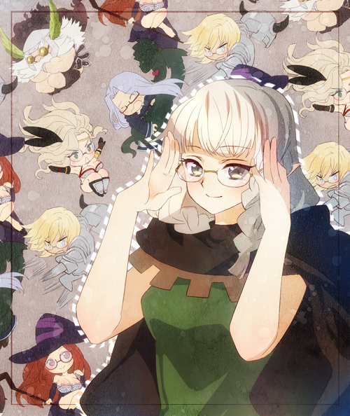 1girl alternate_hair_color amazon_(dragon's_crown) bespectacled braid cape chibi_inset dragon's_crown dwarf_(dragon's_crown) elf elf_(dragon's_crown) fighter_(dragon's_crown) glasses headwear_removed helmet helmet_removed hood_down long_hair nadir pointy_ears semi-rimless_glasses silver_hair small_breasts smile solo_focus sorceress_(dragon's_crown) twin_braids under-rim_glasses wizard_(dragon's_crown)