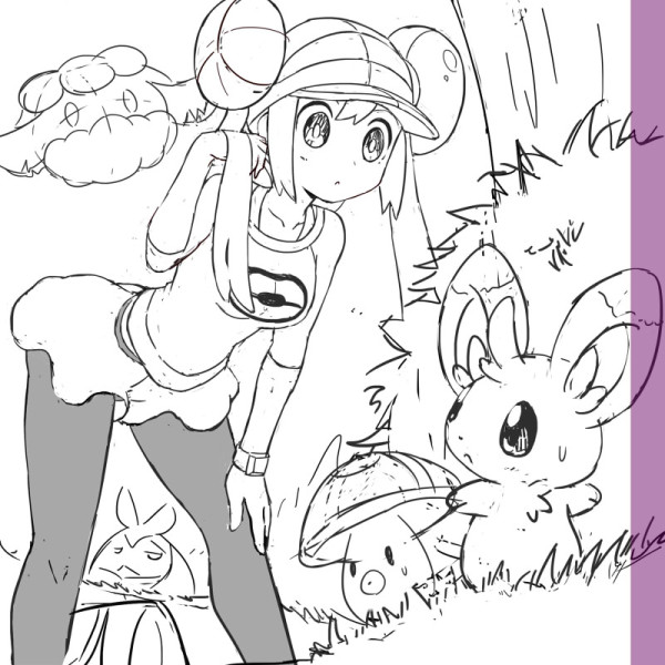 1girl black_legwear cottonee double_bun foongus grass hand_in_hair hand_on_knee legs long_hair mei_(pokemon) minccino monochrome pantyhose poke_ball_print pokemoa pokemon pokemon_(creature) pokemon_(game) pokemon_bw2 sketch skirt swadloon sweatdrop tree twintails visor_cap watch