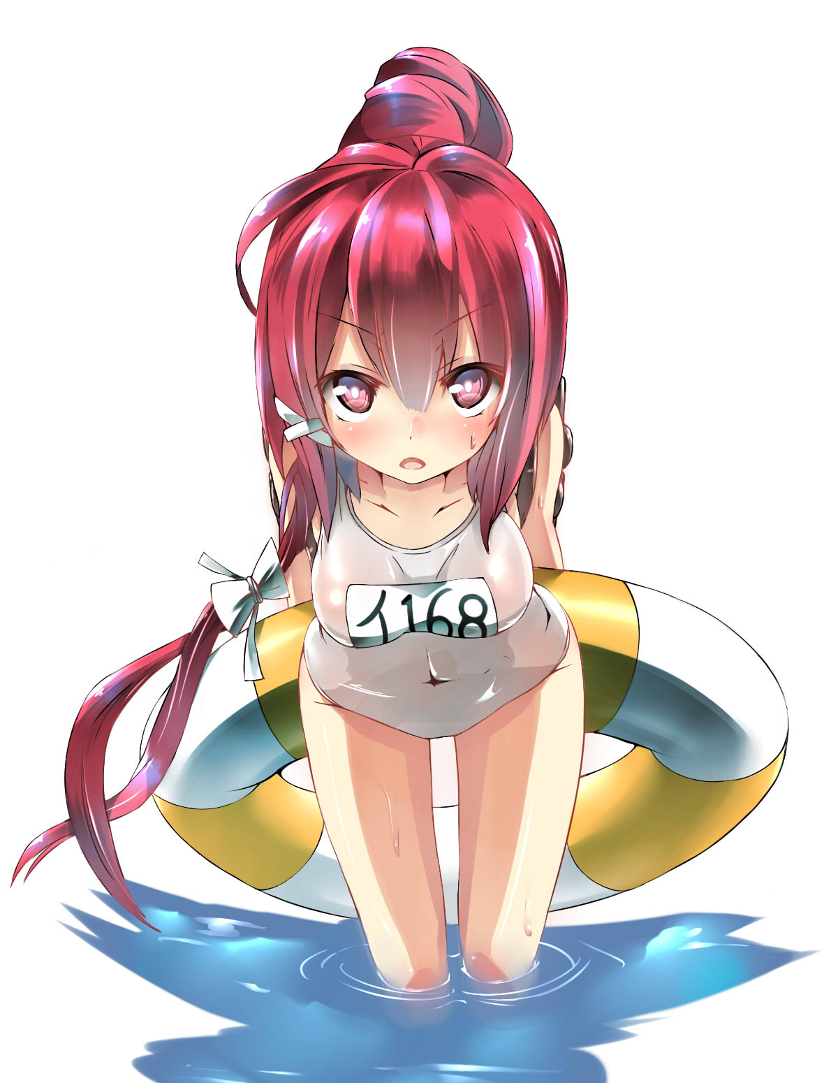 1girl arms_behind_back blush hair_ribbon highres i-168_(kantai_collection) innertube kantai_collection leaning_forward long_hair looking_at_viewer one-piece_swimsuit open_mouth personification ponytail red_eyes redhead ribbon school_swimsuit school_uniform serafuku solo sweatdrop swimsuit unomi