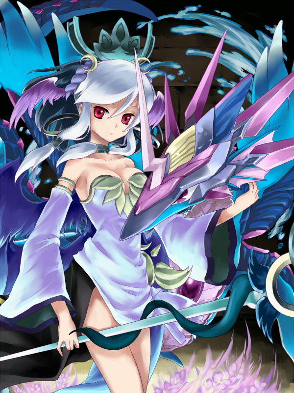 1girl bare_shoulders breasts ceres_(p&amp;d) cleavage detached_sleeves horn looking_at_viewer payot plesios_(p&amp;d) puzzle_&amp;_dragons red_eyes short_hair silver_hair staff