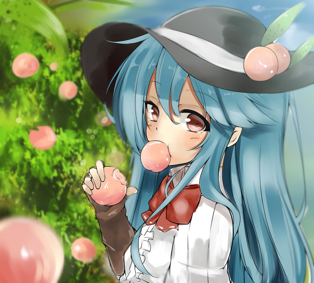 1girl blue_hair bow eating food food_in_mouth fruit hat hinanawi_tenshi long_hair peach red_eyes solo touhou tree yuhito_(ablbex)