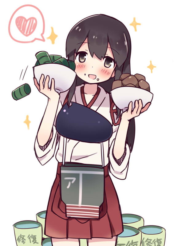 1girl akagi_(kantai_collection) brown_eyes brown_hair food food_on_face heart japanese_clothes kantai_collection kimoko long_hair looking_at_viewer muneate open_mouth personification solo sparkle speech_bubble tagme