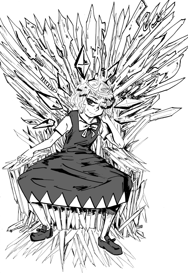 1girl cirno crown drsunshine game_of_thrones monochrome parody sitting solo touhou wink
