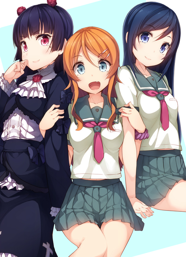 3girls aragaki_ayase arm_grab black_hair blue_eyes blush gokou_ruri hair_ornament kousaka_kirino long_hair mole multiple_girls open_mouth orange_hair ore_no_imouto_ga_konna_ni_kawaii_wake_ga_nai red_eyes school_uniform siva_(executor)