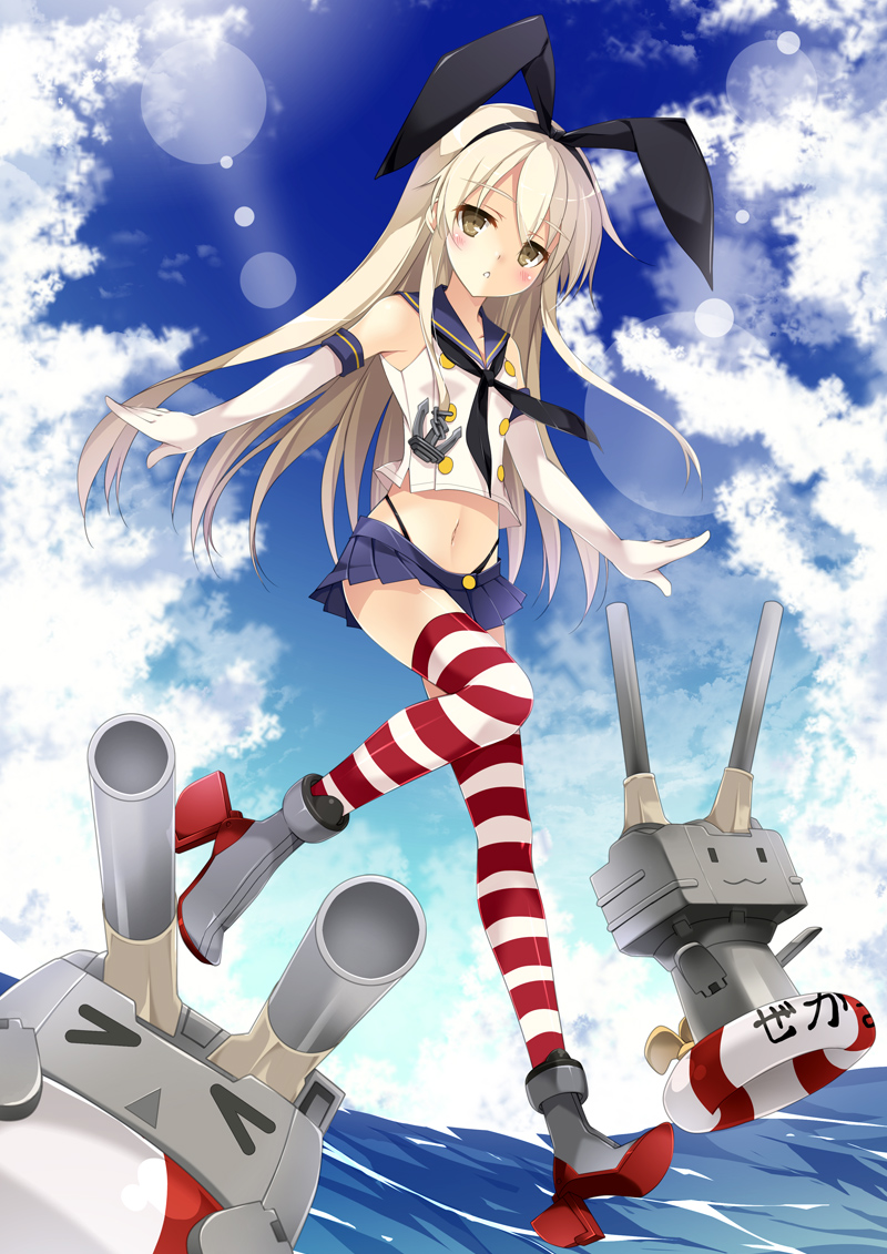 &gt;_&lt; 1girl :3 anchor blonde_hair clouds elbow_gloves gloves hair_ornament hair_ribbon hairband innertube kantai_collection kobayashi_chisato machinery microskirt navel ocean open_mouth personification rensouhou-chan ribbon sailor_dress shimakaze_(kantai_collection) skirt sky striped striped_legwear thighhighs turret water yellow_eyes
