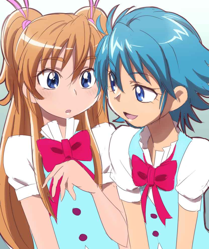 2girls blue_eyes blue_hair brown_hair eyelashes houjou_hibiki long_hair manji_(tenketsu) multiple_girls nishijima_waon precure school_uniform short_hair suite_precure