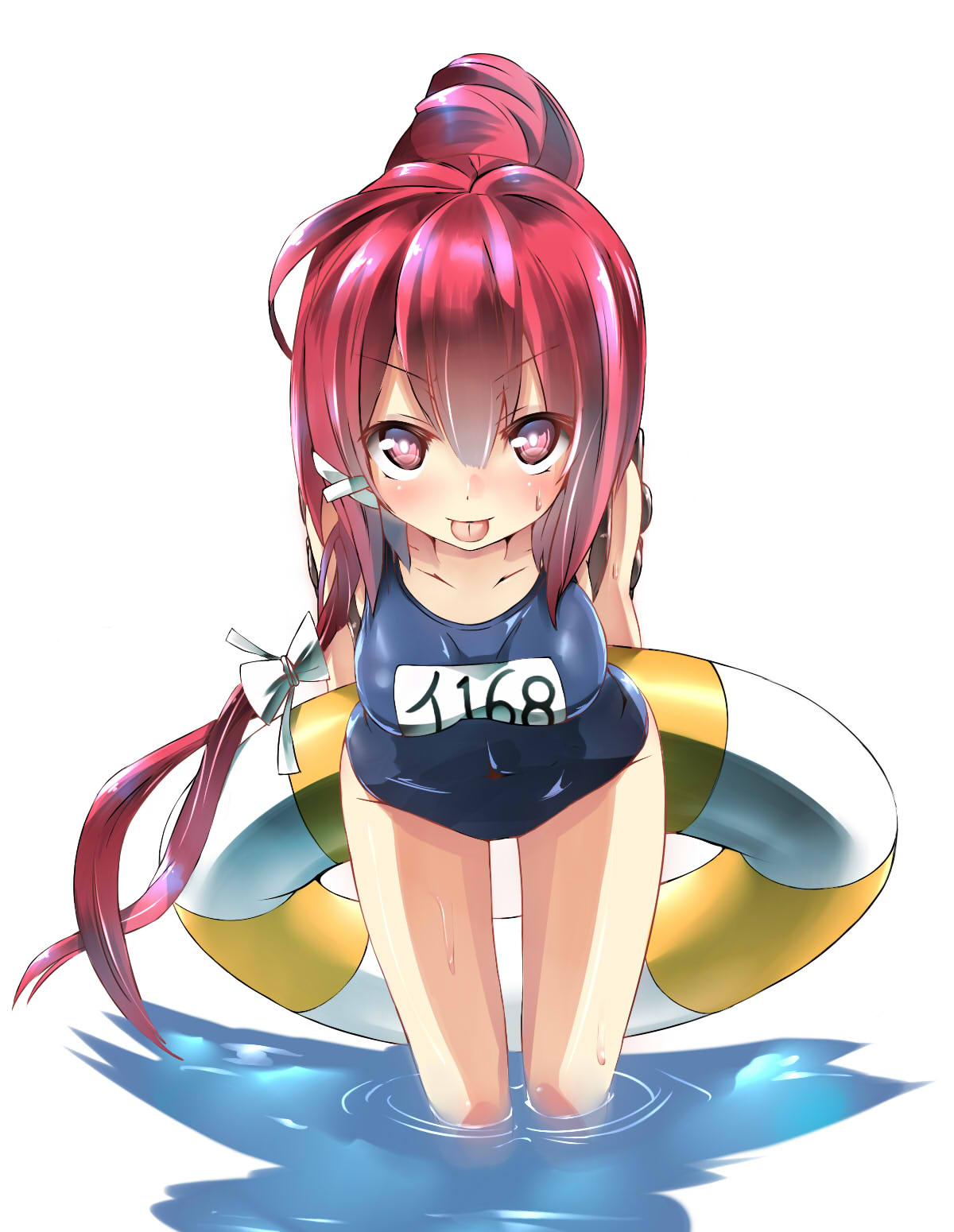 1girl :p arms_behind_back blush hair_ribbon highres i-168_(kantai_collection) innertube kantai_collection leaning_forward long_hair looking_at_viewer one-piece_swimsuit personification ponytail red_eyes redhead ribbon school_swimsuit school_uniform serafuku solo sweatdrop swimsuit tongue tongue_out unomi