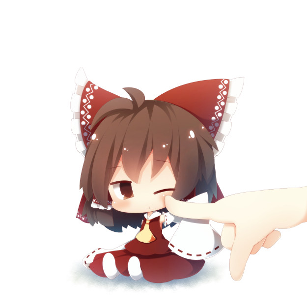 1girl ascot beni_shake bow brown_eyes brown_hair cheek_poke chibi detached_sleeves hair_bow hair_tubes hakurei_reimu long_sleeves minigirl poking pout shirt sitting skirt skirt_set solo touhou wide_sleeves wink