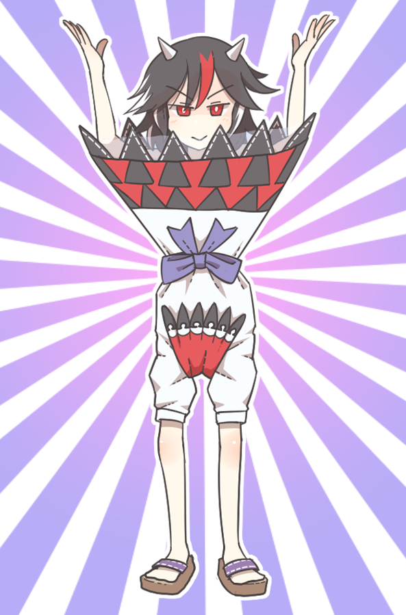 &gt;:&gt; 1girl :&gt; \o/ arms_up black_hair directional_arrow dress highlights horns kijin_seija outstretched_arms red_eyes sandals sanuki_(zigzagflamberge) solo sunburst touhou upside-down