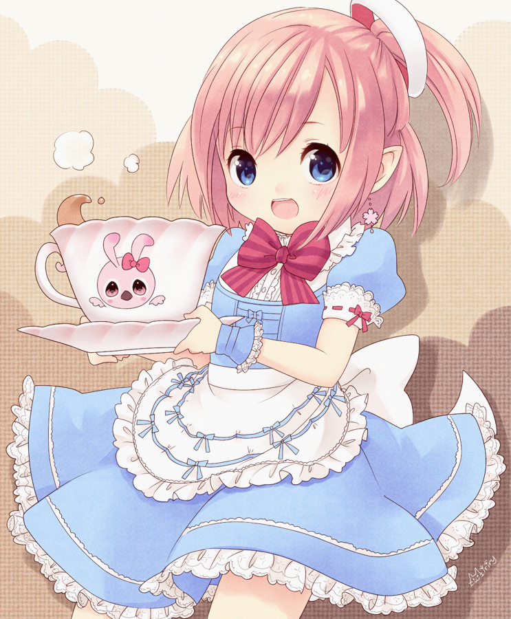 1girl blue_eyes blush cup earrings frills jewelry maid minigirl miriry open_mouth phantasy_star_online_2 pink_hair pointy_ears pure_maid_dress rappy side_ponytail solo teacup wrist_cuffs