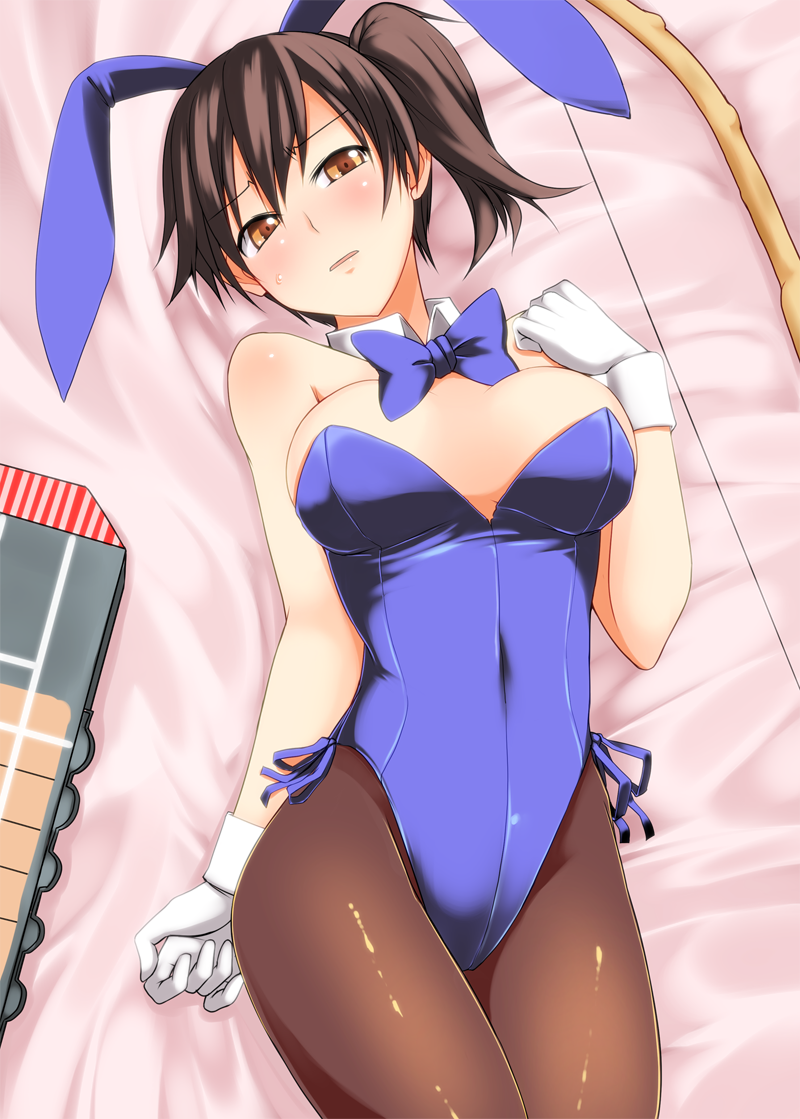 1girl animal_ears bare_shoulders blush bow_(weapon) bowtie breasts brown_eyes brown_hair brown_legwear bunny_girl bunnysuit cleavage detached_collar gloves iwanori kaga_(kantai_collection) kantai_collection large_breasts looking_at_viewer lying on_back pantyhose personification rabbit_ears short_hair side_ponytail solo weapon white_gloves