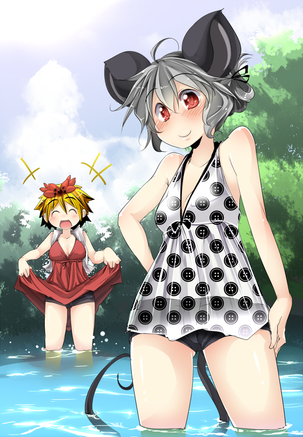 2girls aki_(akikaze_asparagus) alternate_costume animal_ears bare_arms bare_shoulders blonde_hair blue_sky blush breasts brown_hair closed_eyes clouds dress dress_lift grey_hair hair_ornament in_water laughing mouse_ears mouse_tail multicolored_hair multiple_girls nazrin open_mouth polka_dot polka_dot_dress red_dress red_eyes river see-through short_hair short_shorts shorts shorts_under_skirt sky smile standing swimsuit tail toramaru_shou touhou tree two-tone_hair wading white_dress