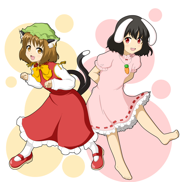 2girls animal_ears arms_behind_back barefoot bow brown_eyes brown_hair bunny_tail carrot cat_ears cat_tail chen dress fang inaba_tewi jewelry leg_up long_sleeves looking_at_viewer mary_janes miicha mob_cap multiple_girls multiple_tails open_mouth pantyhose paw_pose pendant pink_dress polka_dot polka_dot_background puffy_short_sleeves puffy_sleeves rabbit_ears red_eyes shoes short_hair short_sleeves simple_background single_earring skirt skirt_set tail touhou white_legwear