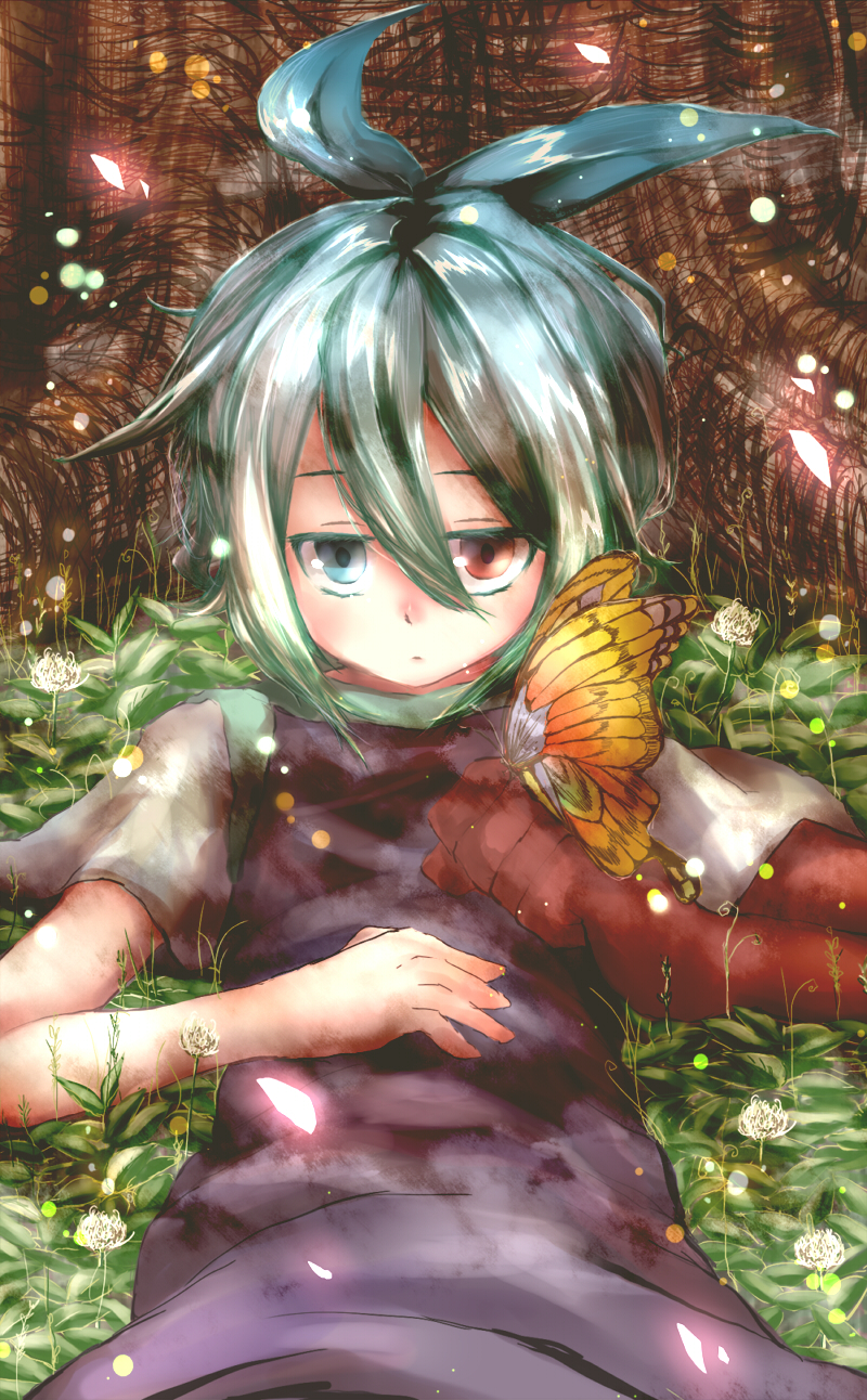 1boy amedama-jou antenna_hair blue_eyes blue_hair butterfly heterochromia highres insect lying making_of puyopuyo puyopuyo_fever red_eyes shirt short_hair sig solo sparkle tree