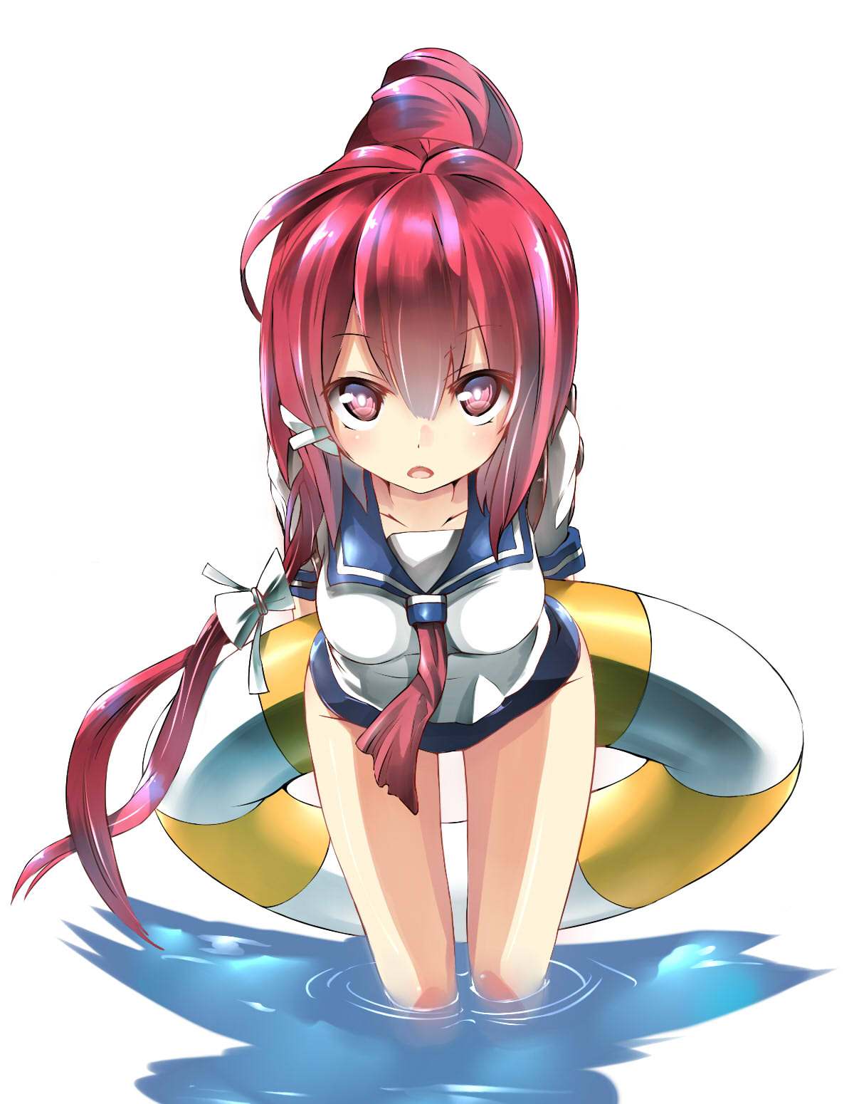 1girl arms_behind_back blush hair_ribbon highres i-168_(kantai_collection) innertube kantai_collection leaning_forward long_hair looking_at_viewer open_mouth personification ponytail red_eyes redhead ribbon school_swimsuit school_uniform serafuku solo swimsuit swimsuit_under_clothes unomi