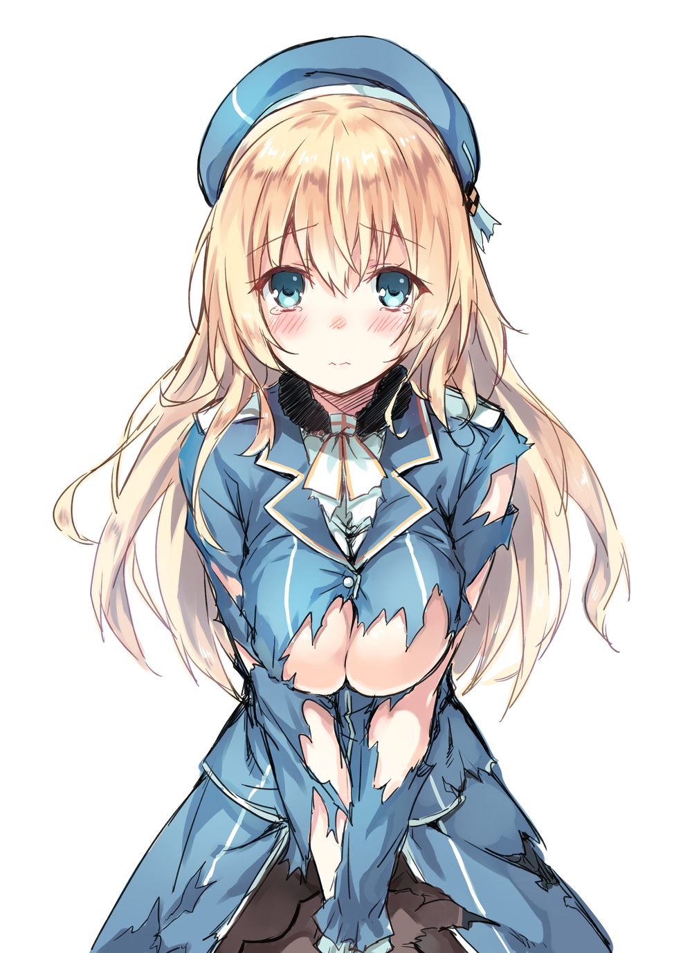 1girl atago_(kantai_collection) black_legwear blonde_hair blue_eyes blush breasts hat highres hiten_goane_ryu kantai_collection large_breasts long_hair looking_at_viewer military military_uniform pantyhose personification simple_background solo tears torn_clothes uniform v_arms white_background