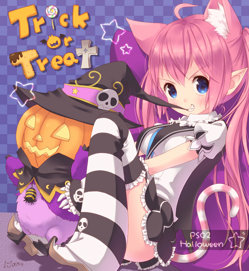ahoge animal_ears between_legs biting boots grin halloween hat jack-o'-lantern jack_(pso2) miriry mouth_hold phantasy_star_online_2 pointy_ears rappy sitting smile striped striped_legwear thigh-highs thigh_boots twintails witch_hat wonder_treat
