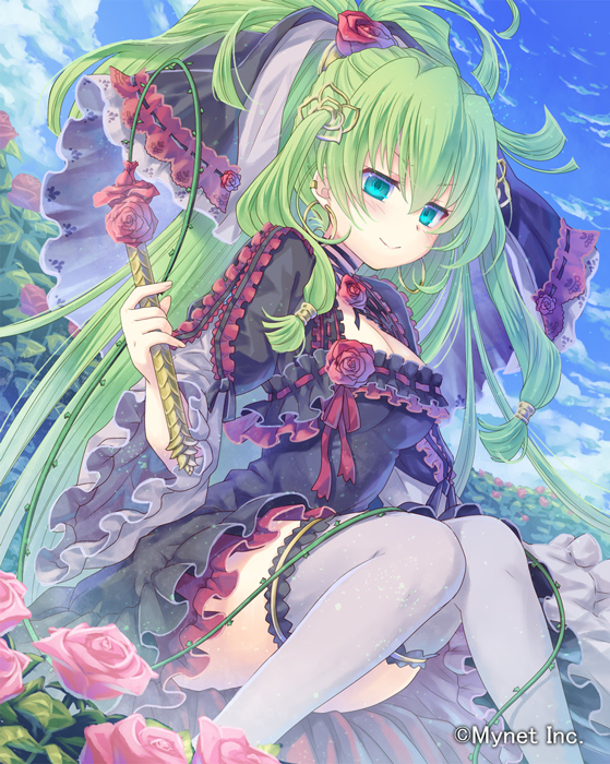 1girl blue_eyes blush bow breasts cleavage cleavage_cutout dress dutch_angle earrings flower frilled_dress frills green_hair hair_bow hair_flower hair_ornament hoop_earrings jewelry lolita_fashion official_art ponytail rose smile solo soukuu_kizuna thighhighs valkyrie_emblem watermark whip white_legwear