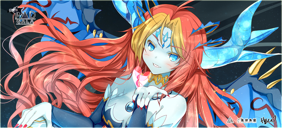 1girl blue_skin heco_(mama) hera_(p&amp;d) long_hair multicolored_hair puzzle_&amp;_dragons redhead solo two-tone_hair