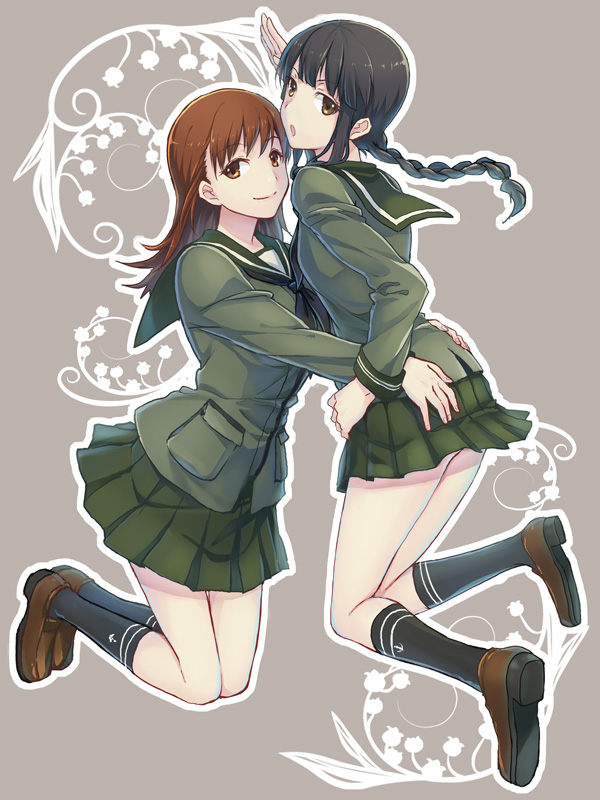 2girls black_hair braid braided_hair brown_eyes brown_hair hug kantai_collection kitakami_(kantai_collection) long_hair multiple_girls ooi_(kantai_collection) open_mouth personification school_uniform yurossan