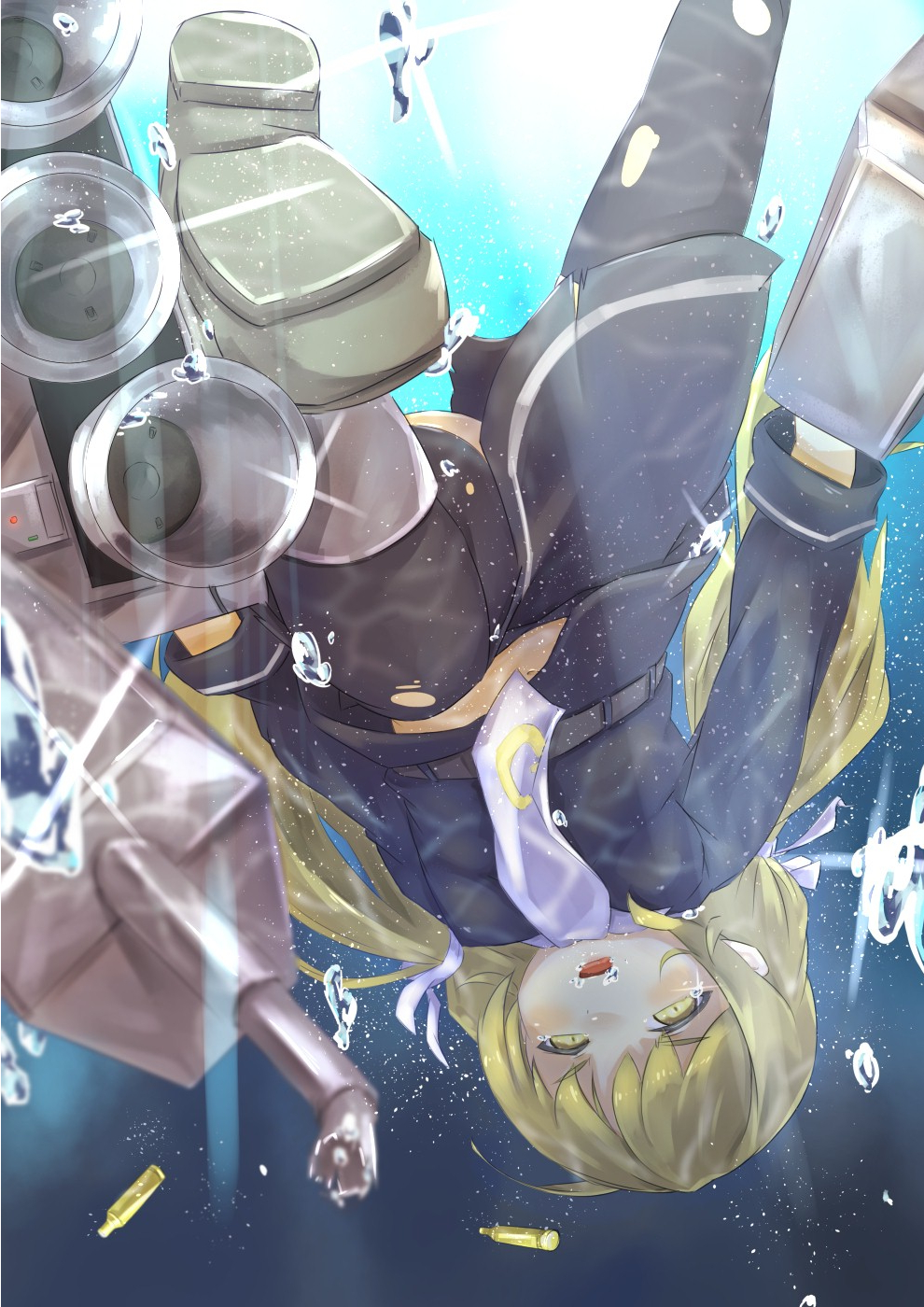 1girl asmind blonde_hair bubble falling gun highres kantai_collection long_hair one_hair satsuki_(kantai_collection) school_uniform shell_casing solo thigh-highs torn_clothes twintails underwater weapon yellow_eyes