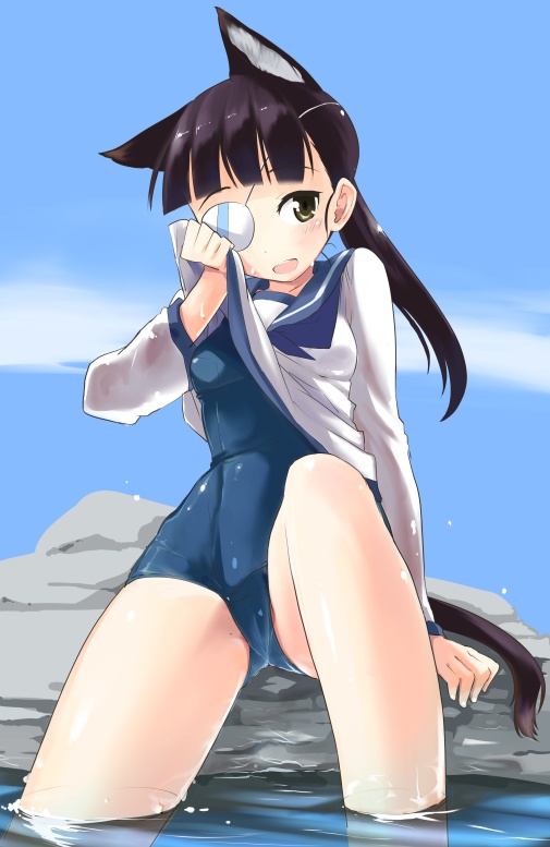 1girl animal_ears black_hair blush breasts eyepatch long_hair looking_at_viewer mozu_(peth) open_mouth ponytail sakamoto_mio school_swimsuit school_uniform shirt_lift sitting soaking_feet solo strike_witches swimsuit swimsuit_under_clothes tail water wet yellow_eyes