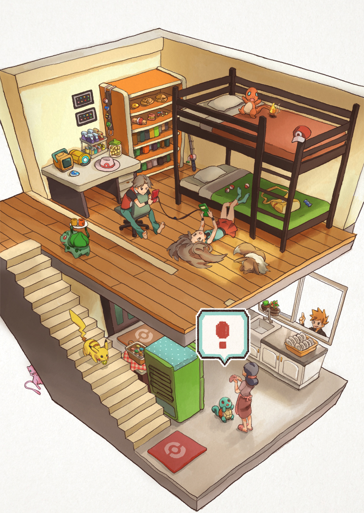 ! bag bed blue_(pokemon) bulbasaur chair charmander desk eevee fishing_rod game_boy_advance house mew mother_(pokemon) office_chair ookido_green pikachu poke_ball poke_ball_theme poke_flute pokemon pokemon_(creature) pokemon_(game) pokemon_frlg red_(pokemon) squirtle stairs zhenblue