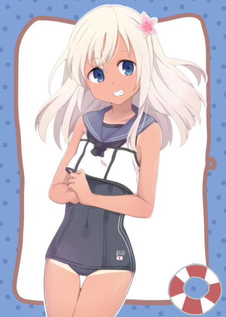 1girl :d blue_eyes dark_skin flower flower_on_head grin kantai_collection long_hair looking_at_viewer open_mouth ro-500_(kantai_collection) school_swimsuit school_uniform serafuku silver_hair smile solo swimsuit swimsuit_under_clothes tan tanline u-511_(kantai_collection) yukichi_(eikichi)