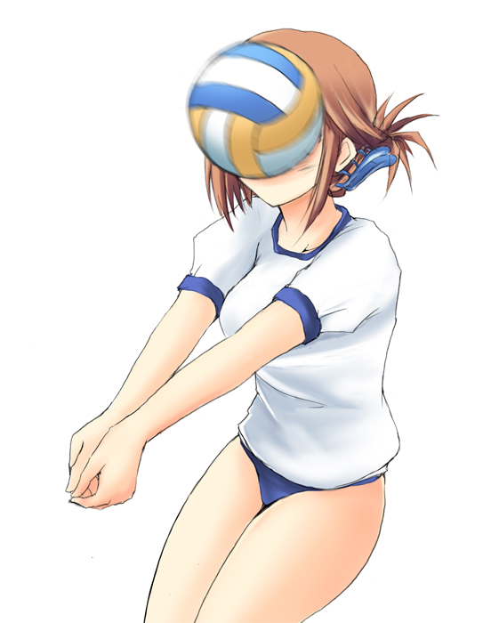 1girl buruma failure gym_uniform hair_ornament hairclip in_the_face komaki_manaka motion_blur short_hair simple_background solo to_heart_2 volleyball white_background you're_doing_it_wrong zekkyon
