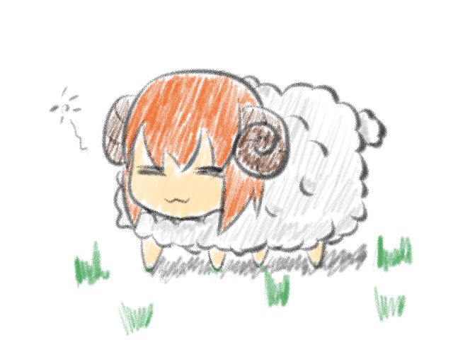 1girl closed_eyes horns moodycat orange_hair sheep sheep_horns short_hair simple_background solo white_background