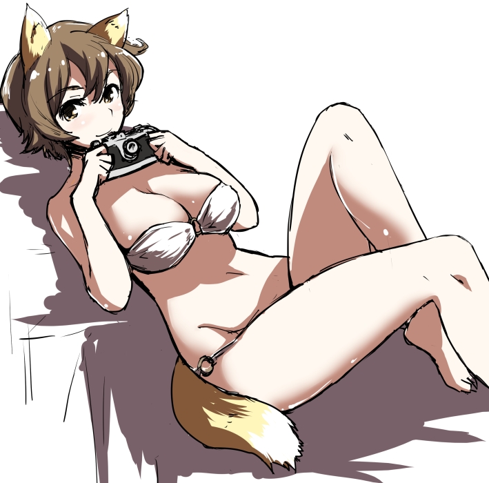 1girl animal_ears bikini blush breasts brown_eyes brown_hair camera cleavage katou_keiko large_breasts mozu_(peth) o-ring_bikini short_hair smile solo strike_witches swimsuit tail