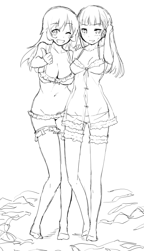 2girls ;d blush bra breasts charlotte_e_yeager cleavage frilled_legwear frills large_breasts lingerie long_hair monochrome mozu_(peth) multiple_girls nightgown open_mouth panties sakamoto_mio smile strike_witches sweatdrop thigh-highs thumbs_up underwear underwear_only wink