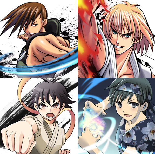 2boys 2girls alternate_color alternate_costume black_hair blonde_hair blue_eyes brown_eyes brown_hair dougi dress energy_ball eyebrows flame floral_print fringe hadouken inkblot kasugano_sakura ken_masters makoto multiple_boys multiple_girls powering_up scarf shouryuuken street_fighter street_fighter_iv sundress super_street_fighter_iv thick_eyebrows uppercut yang_lee