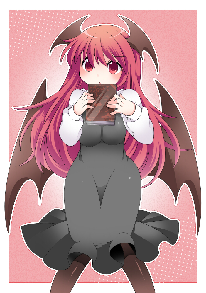 1girl bat_wings black_dress book commentary_request dress dress_shirt embarrassed hammer_(sunset_beach) head_wings koakuma long_hair long_sleeves looking_at_viewer open_mouth pantyhose pink_background pornography red_eyes redhead shirt solo touhou wings