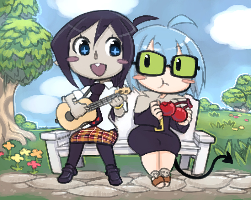 +_+ 2girls :t ahoge bench blue_eyes blue_hair blush_stickers buck_teeth chibi demon_mages demon_tail eating eye_contact flower glasses green_eyes guitar instrument jason_robinson looking_at_another multiple_girls necktie open_mouth outdoors playing_instrument purple_hair short_hair sitting skirt smile tagme tail tara_olphoros tess_tesryon tree wide_hips