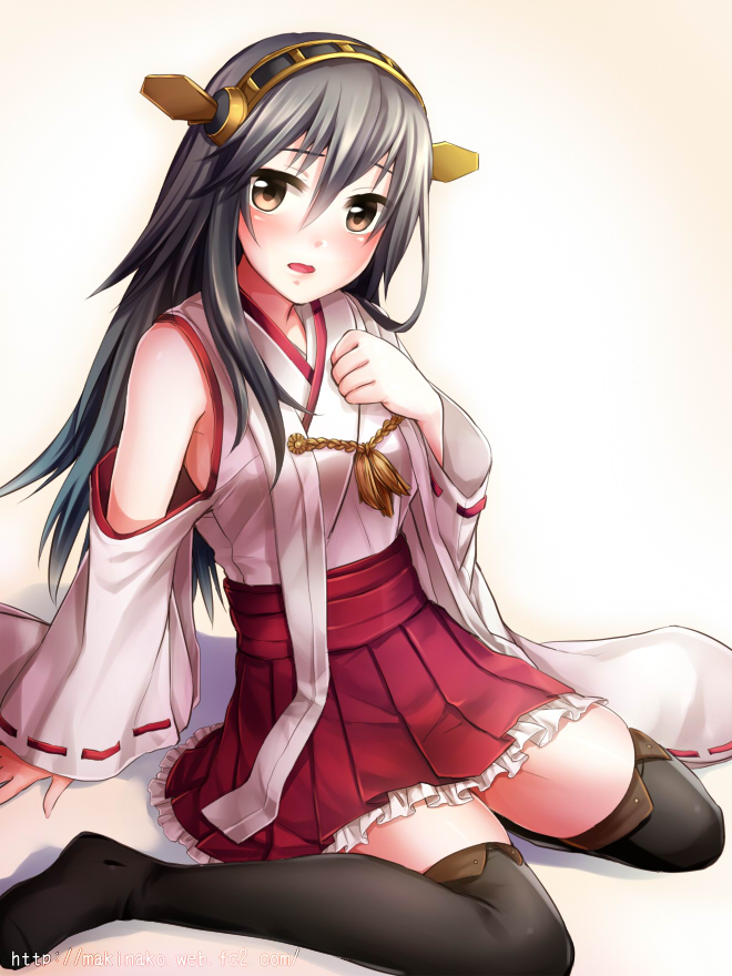 1girl bare_shoulders black_hair black_legwear brown_eyes detached_sleeves hairband haruna_(kantai_collection) japanese_clothes kantai_collection long_hair looking_at_viewer makina_(frog) open_mouth personification sitting solo thighhighs wariza