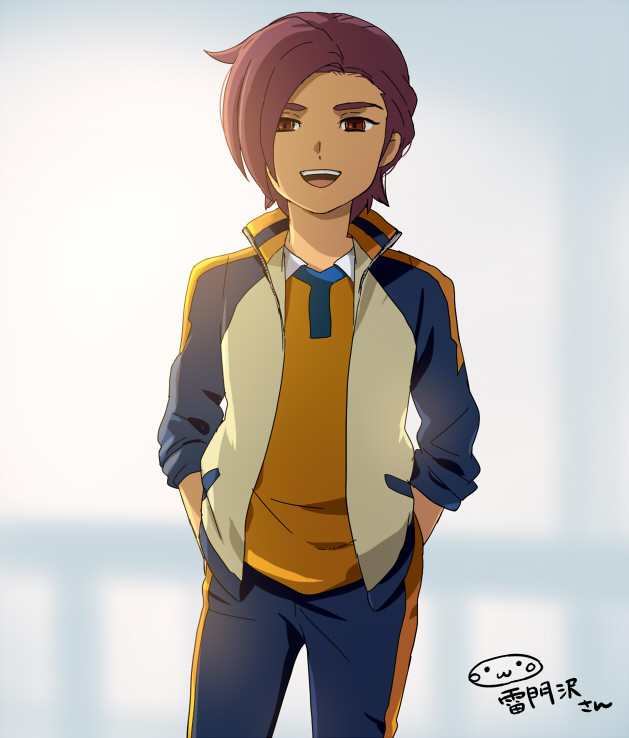 1boy character_name hands_in_pockets inazuma_eleven_(series) inazuma_eleven_go male minamisawa_atsushi mizuhara_aki open_clothes open_jacket open_mouth purple_hair raimon soccer_uniform solo track_jacket