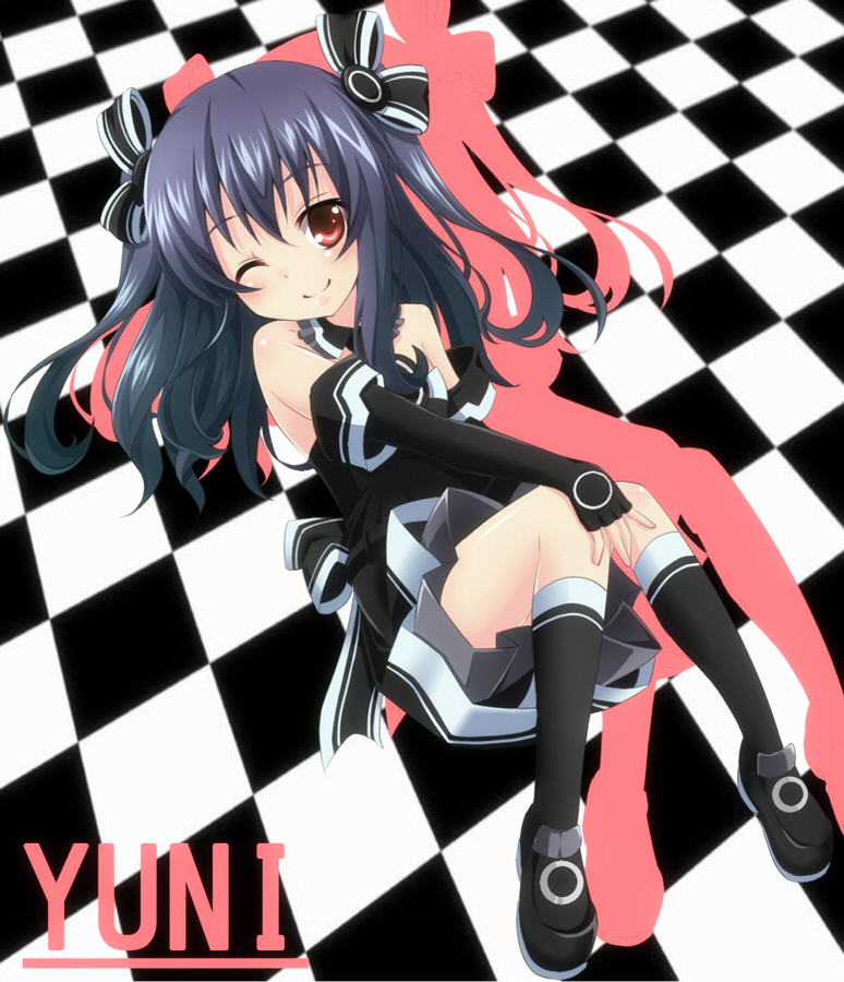 1girl bare_shoulders black_hair bow checkered checkered_background choujigen_game_neptune choujigen_game_neptune_mk2 elbow_gloves engrish fingerless_gloves gloves hair_bow hair_ornament long_hair ranguage red_eyes smile solo twintails uni_(choujigen_game_neptune) wink yoroiusagi