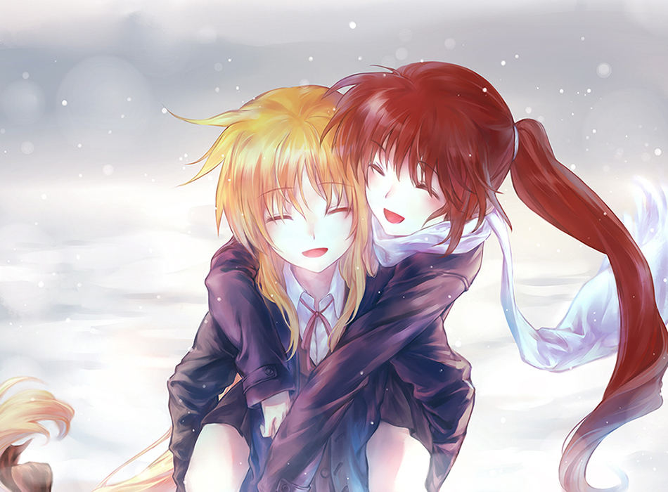 2girls alternate_hairstyle azmodan blonde_hair brown_hair closed_eyes fate_testarossa jacket laughing long_hair lyrical_nanoha mahou_shoujo_lyrical_nanoha multiple_girls neck_ribbon open_mouth piggyback pleated_skirt ponytail ribbon scarf shirt skirt snow snowing takamachi_nanoha winter winter_clothes